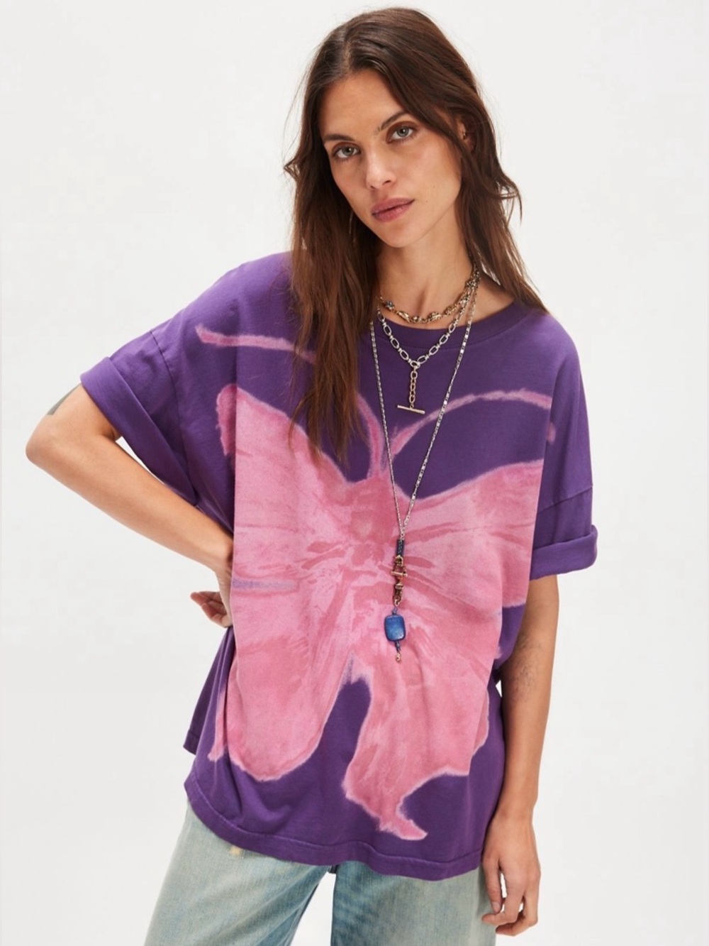 Free People x Ragabond Swan Gossip Painted Tee Pink & Purple Combo One Size NWT